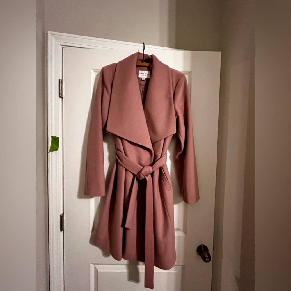 Cole Haan Womens Dusty Pink Slick Wool Blend Belted Wrap Coat